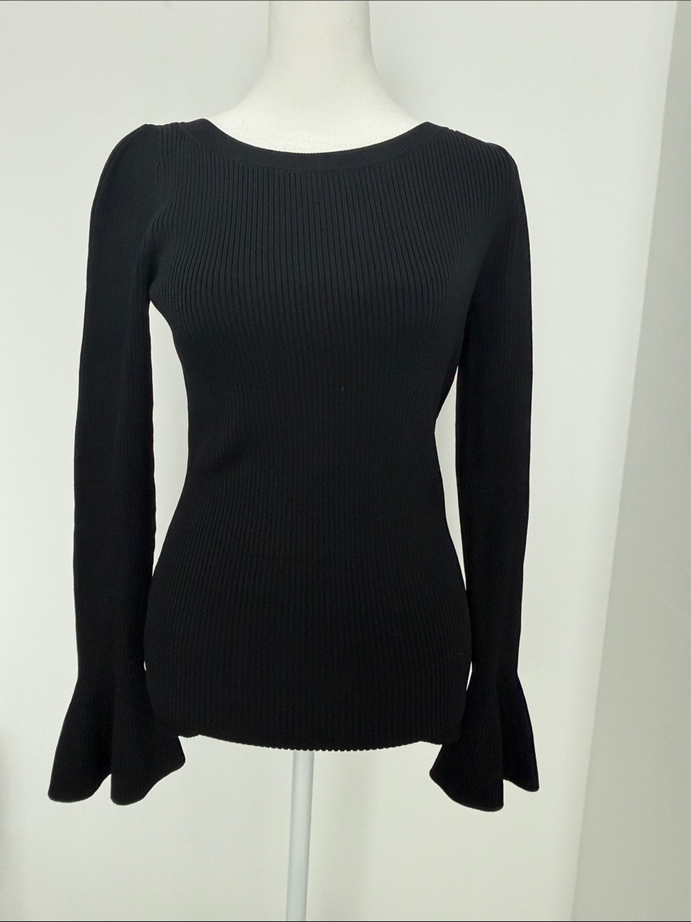 Michael Kors Women’s Black Ribbed Bell-Sleeve Top